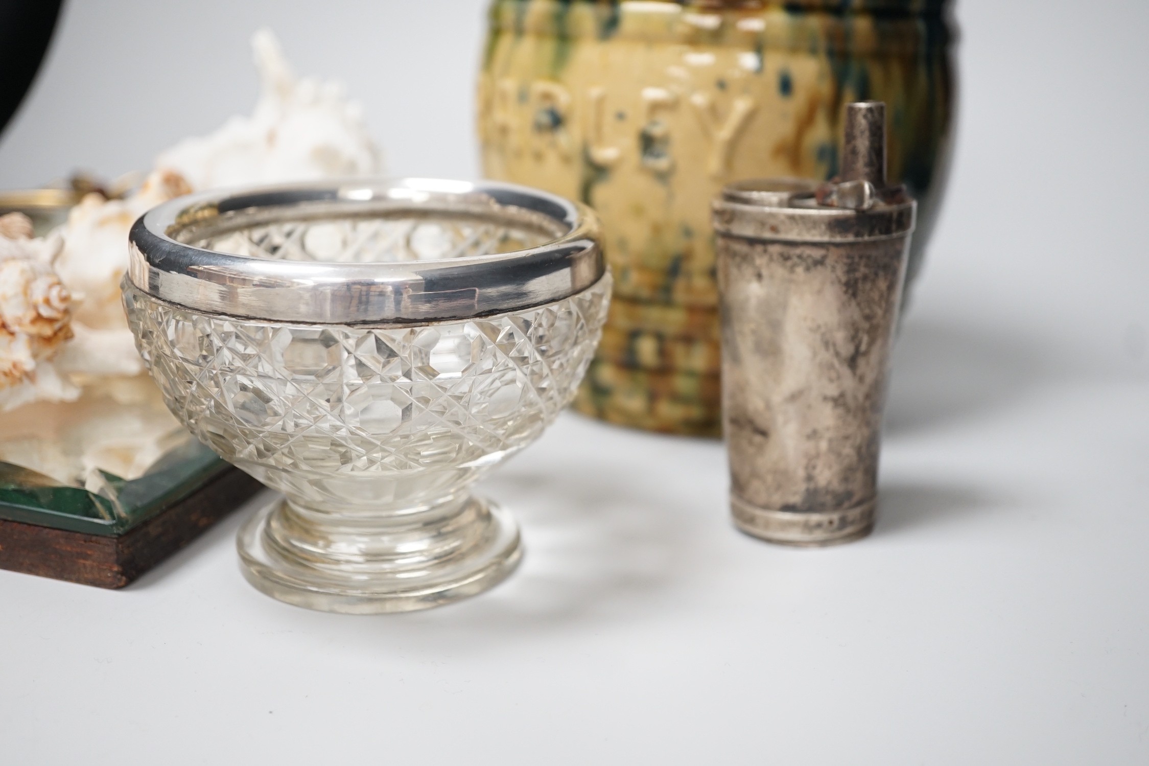 Miscellaneous items including mottled ceramic barley jar, an American miniature timepiece, silver mounted cut glass bowl (9 in total)